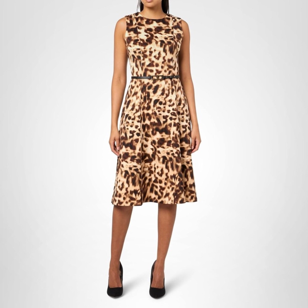 Halston Leopard Belted Scuba Dress